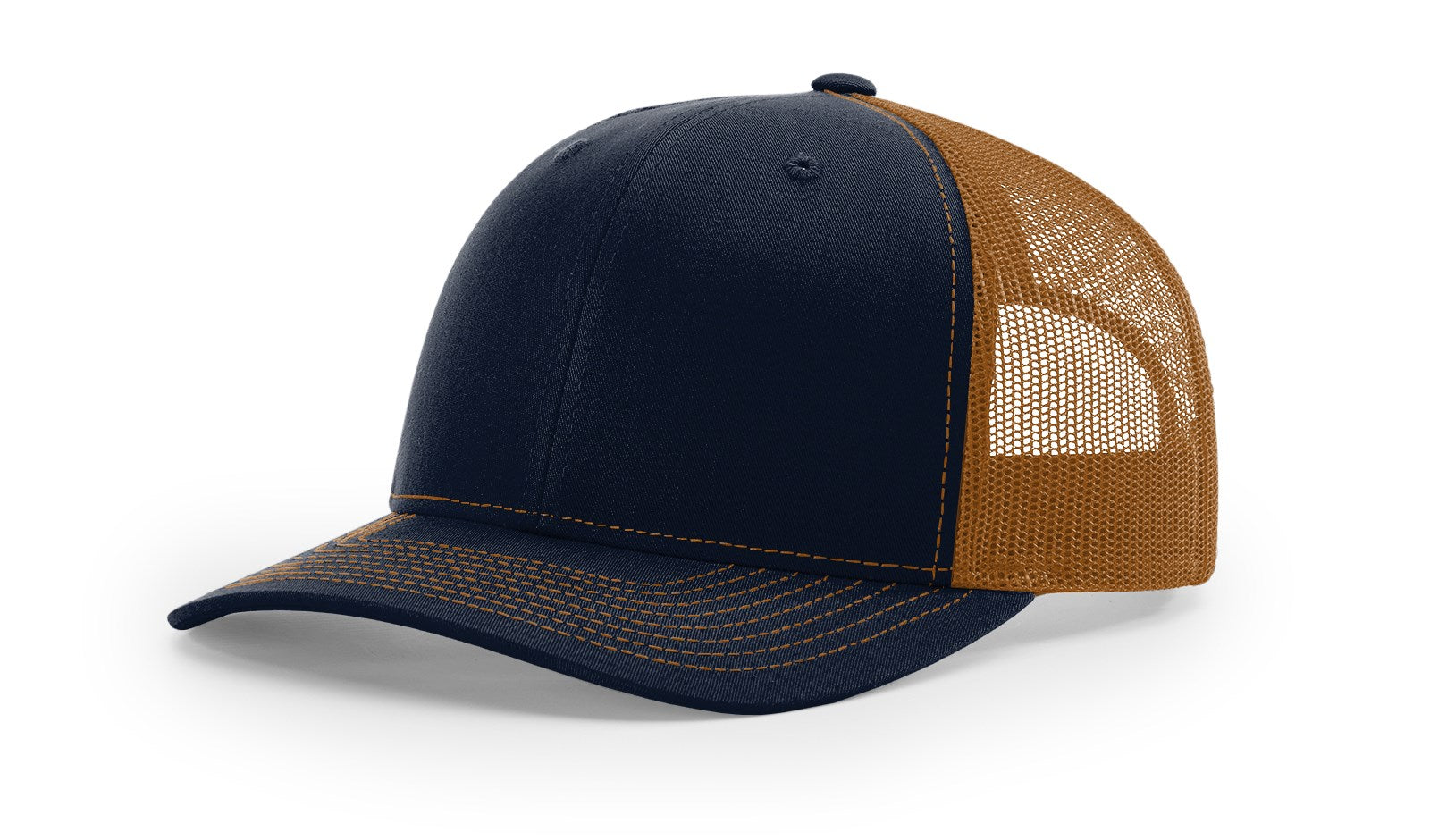 Richardson 112 Blank Trucker Hat in navy and caramel, side and front view.