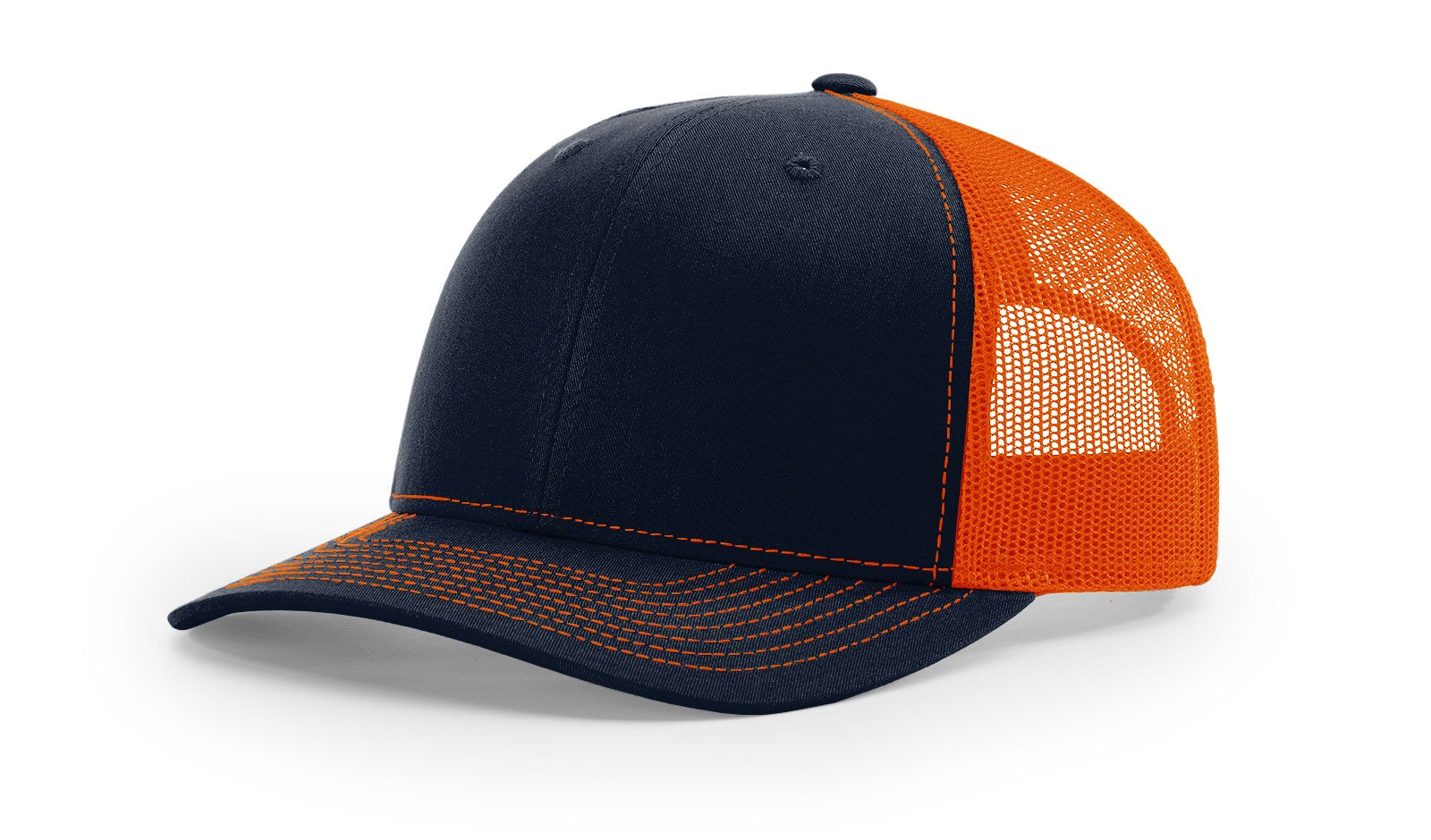Navy and orange Richardson 112 blank trucker hats from The Hometown Co.