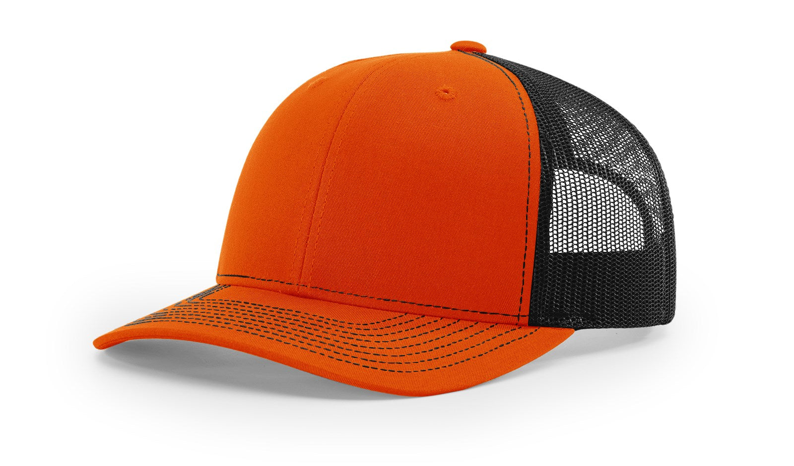 Richardson 112 Blank Trucker Hat in orange and black, side view.