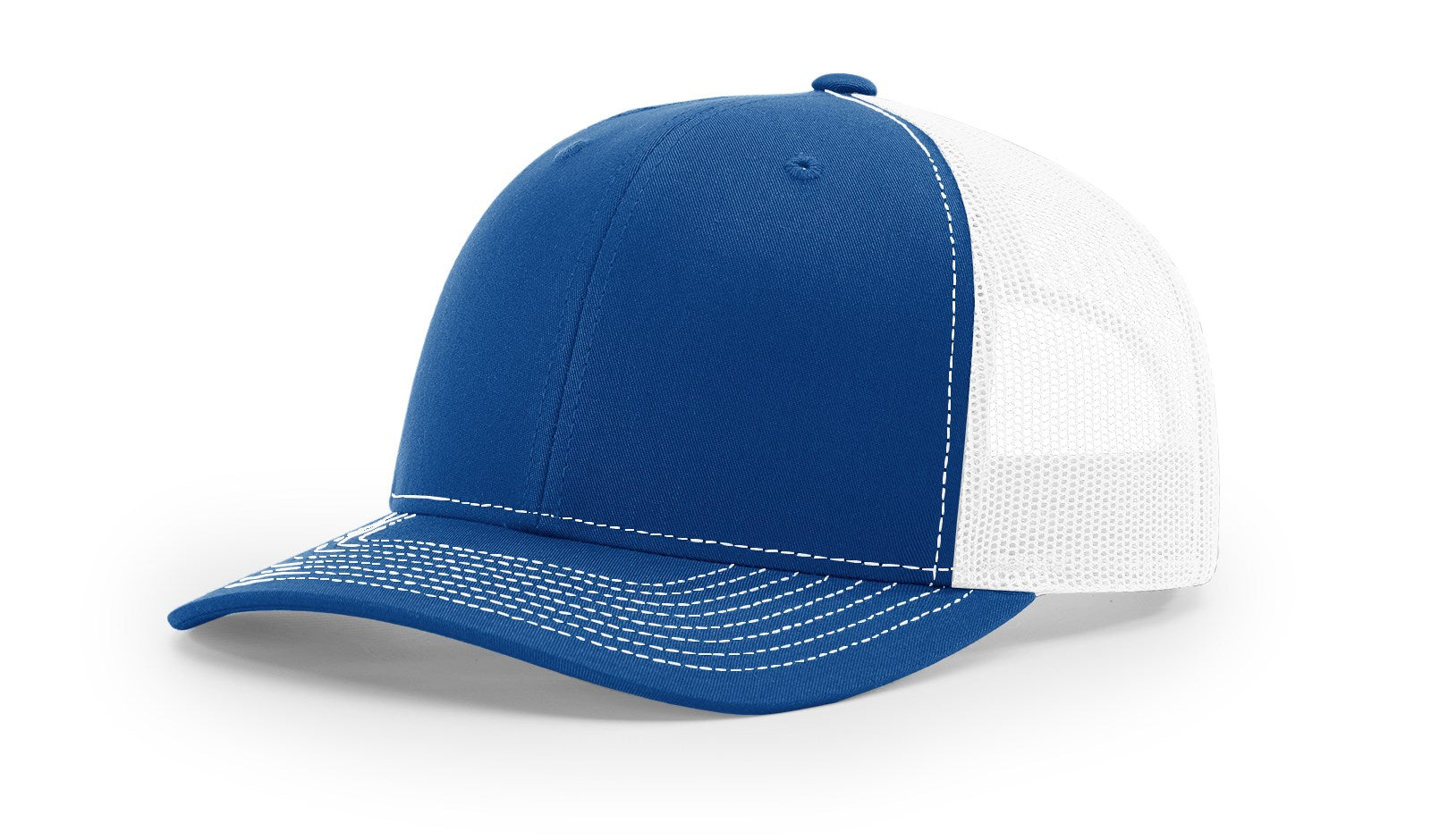 Richardson 112 Blank Trucker Hat in split royal blue and white design.