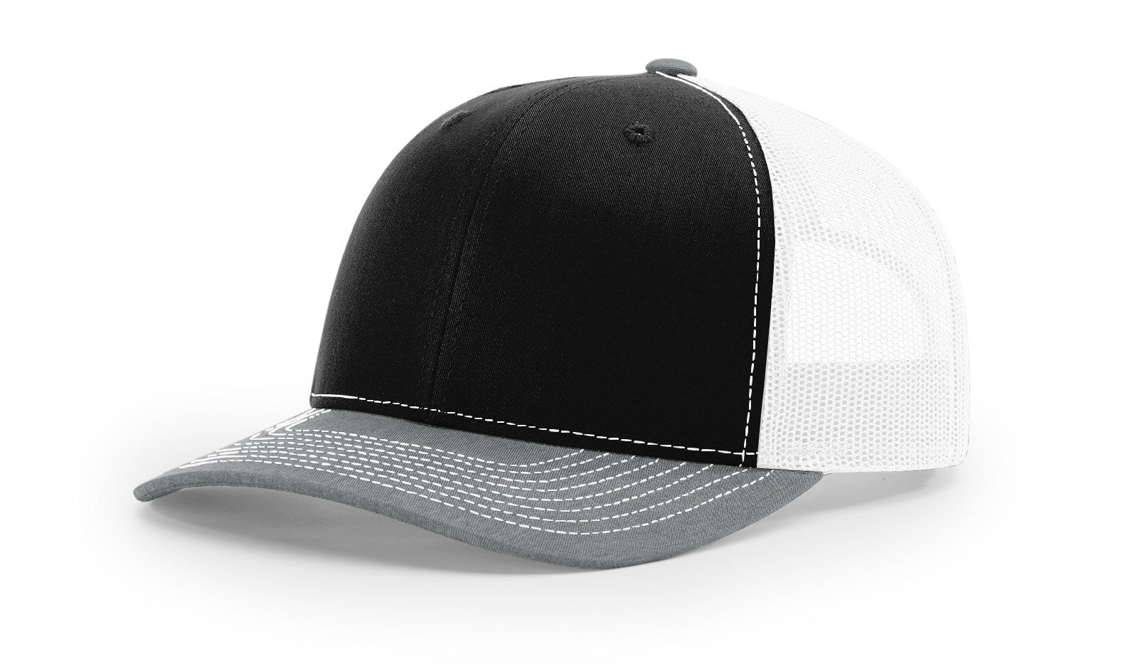 Richardson 112 Trucker Hat in tri-black, white, and heather grey colors.
