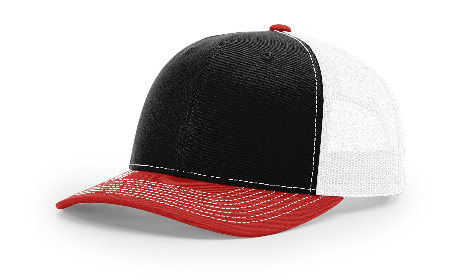 Richardson 112 Blank Trucker Hat in tri-black, white, and red color scheme.
