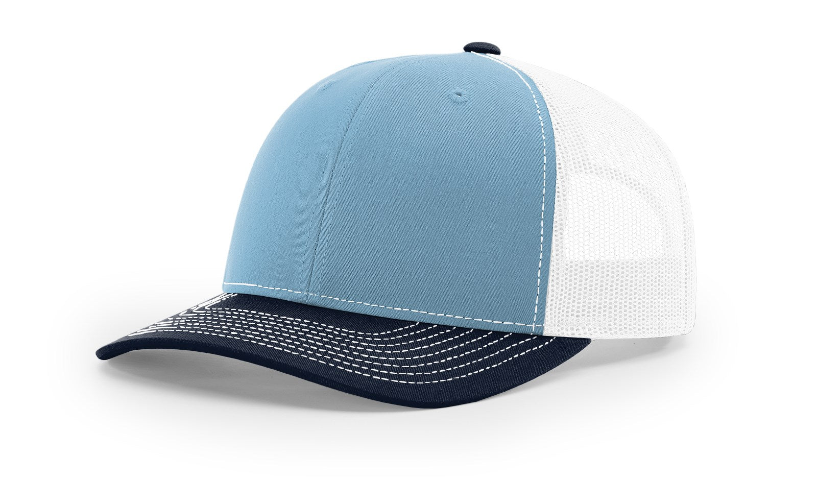 Richardson 112 Blank Trucker Hat, tri-color: Columbia blue, white, navy.