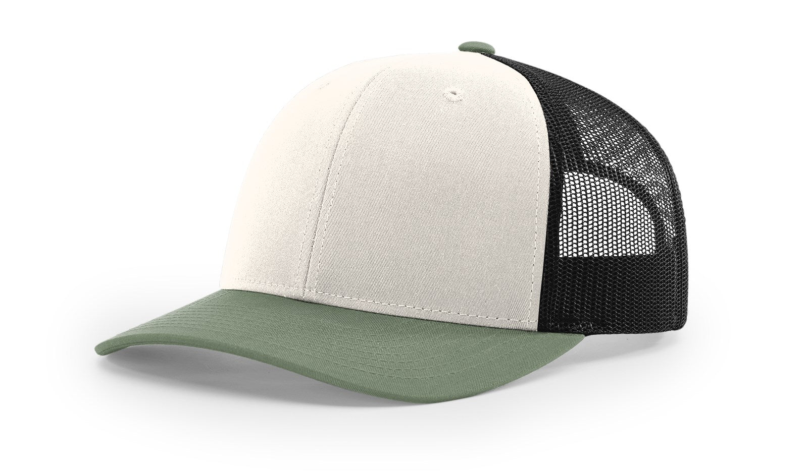 Richardson 112 Blank Trucker Hats in cream, black, and loden green.