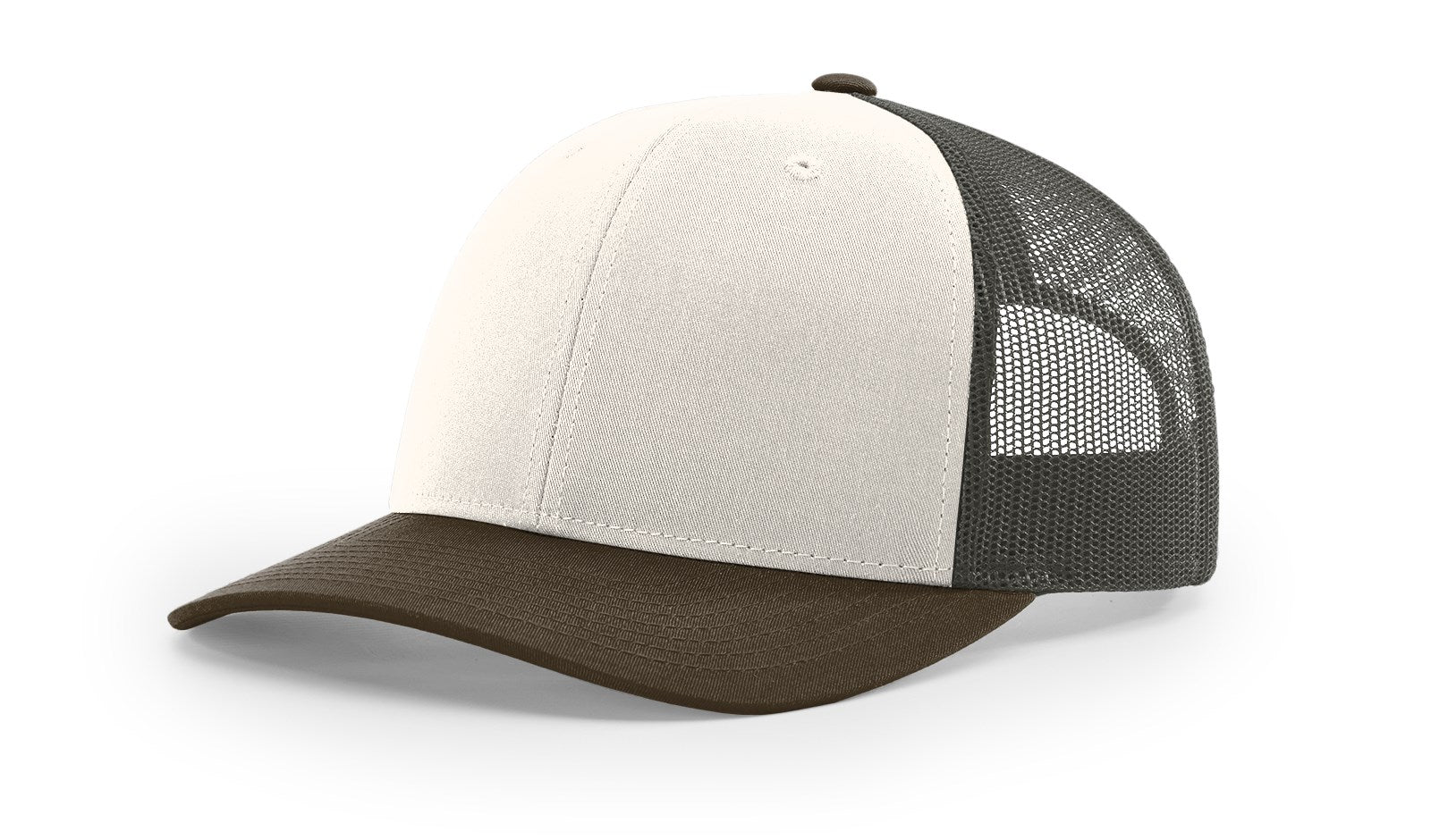 Richardson 112 blank trucker hat in cream with grey-brown mesh back.
