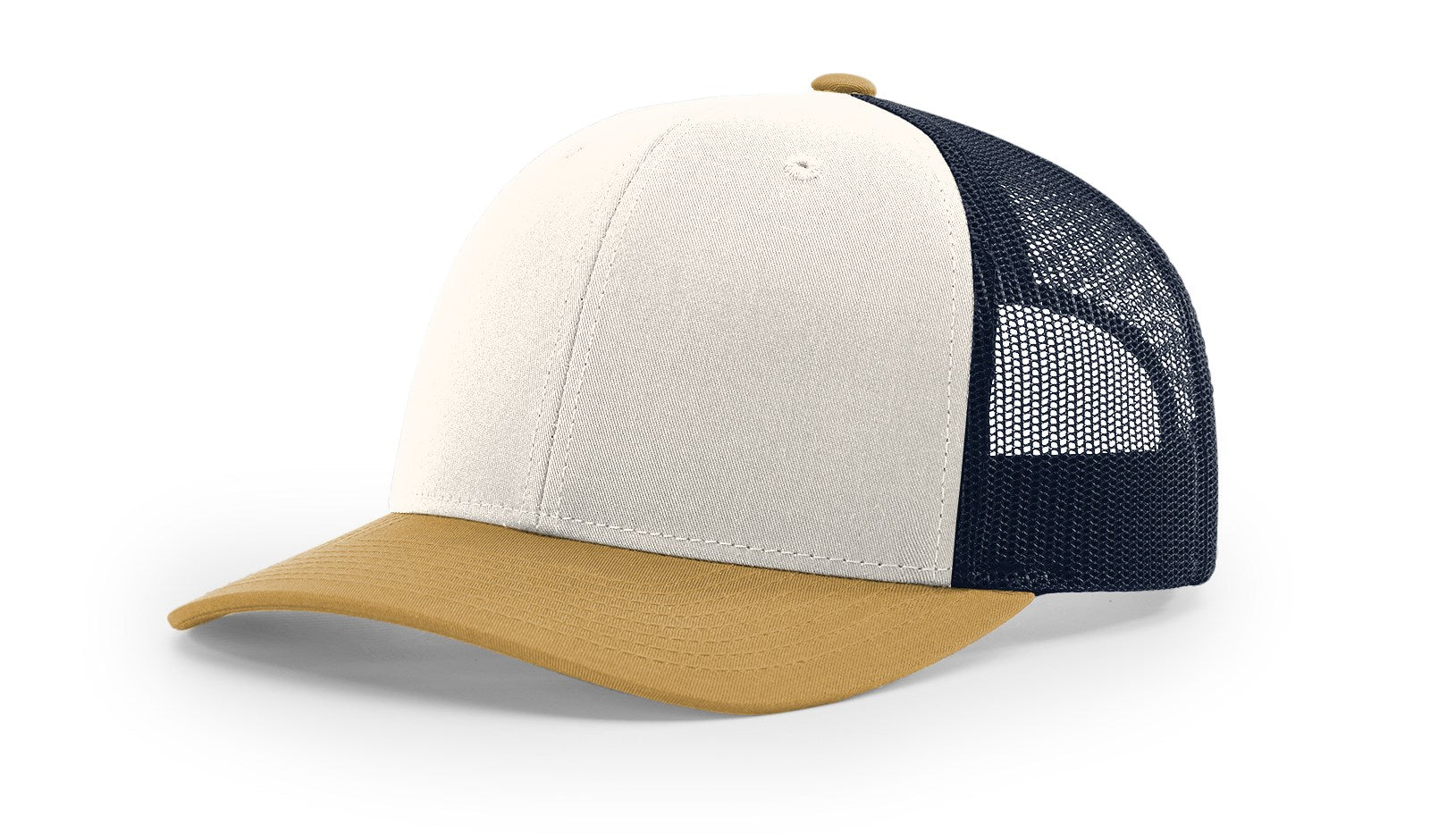 Richardson 112 Blank Trucker Hat in cream, navy, and amber gold colors.