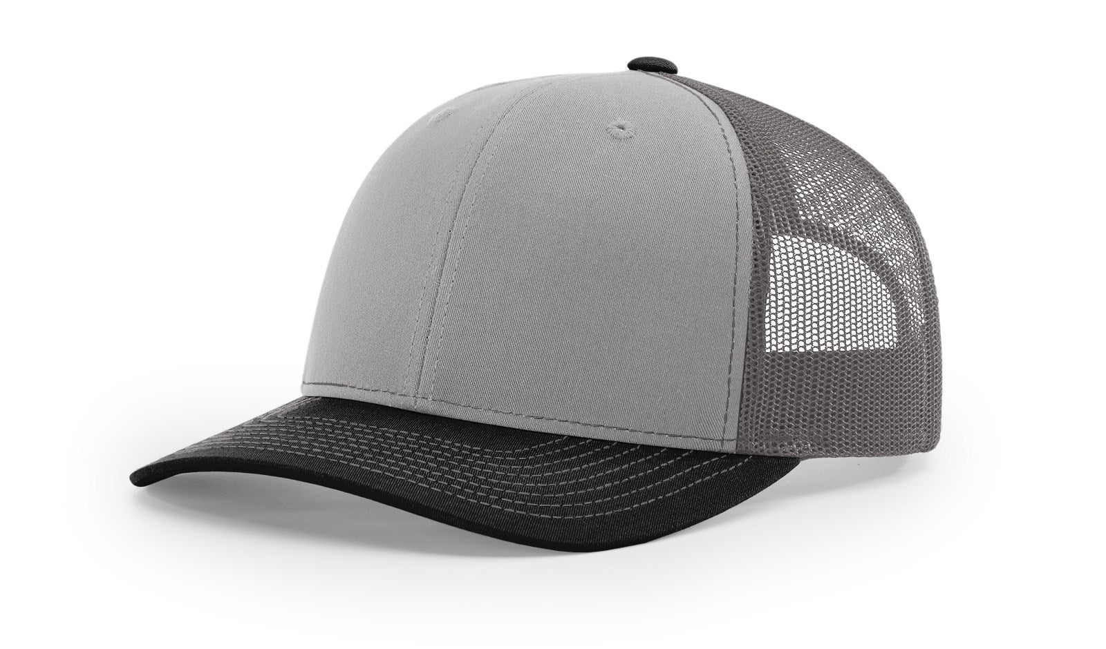 Richardson 112 Blank Trucker Hat in tri-grey, charcoal, and black colors.