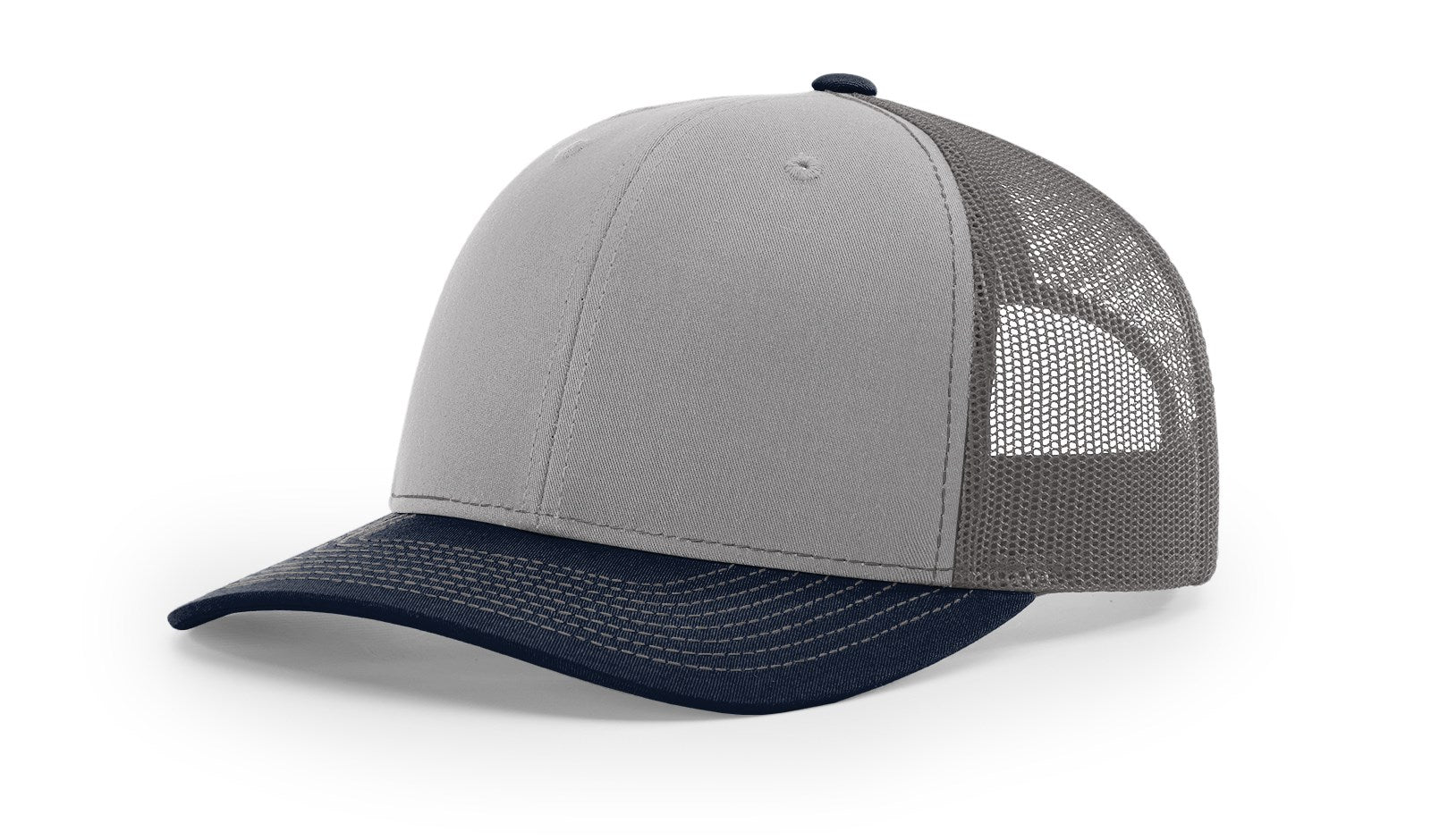 Richardson 112 Blank Trucker Hat in tri-grey, charcoal, and navy colors.