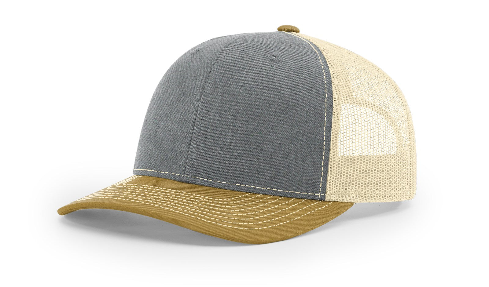 Richardson 112 Blank Trucker Hat in tri-heather grey and amber gold.