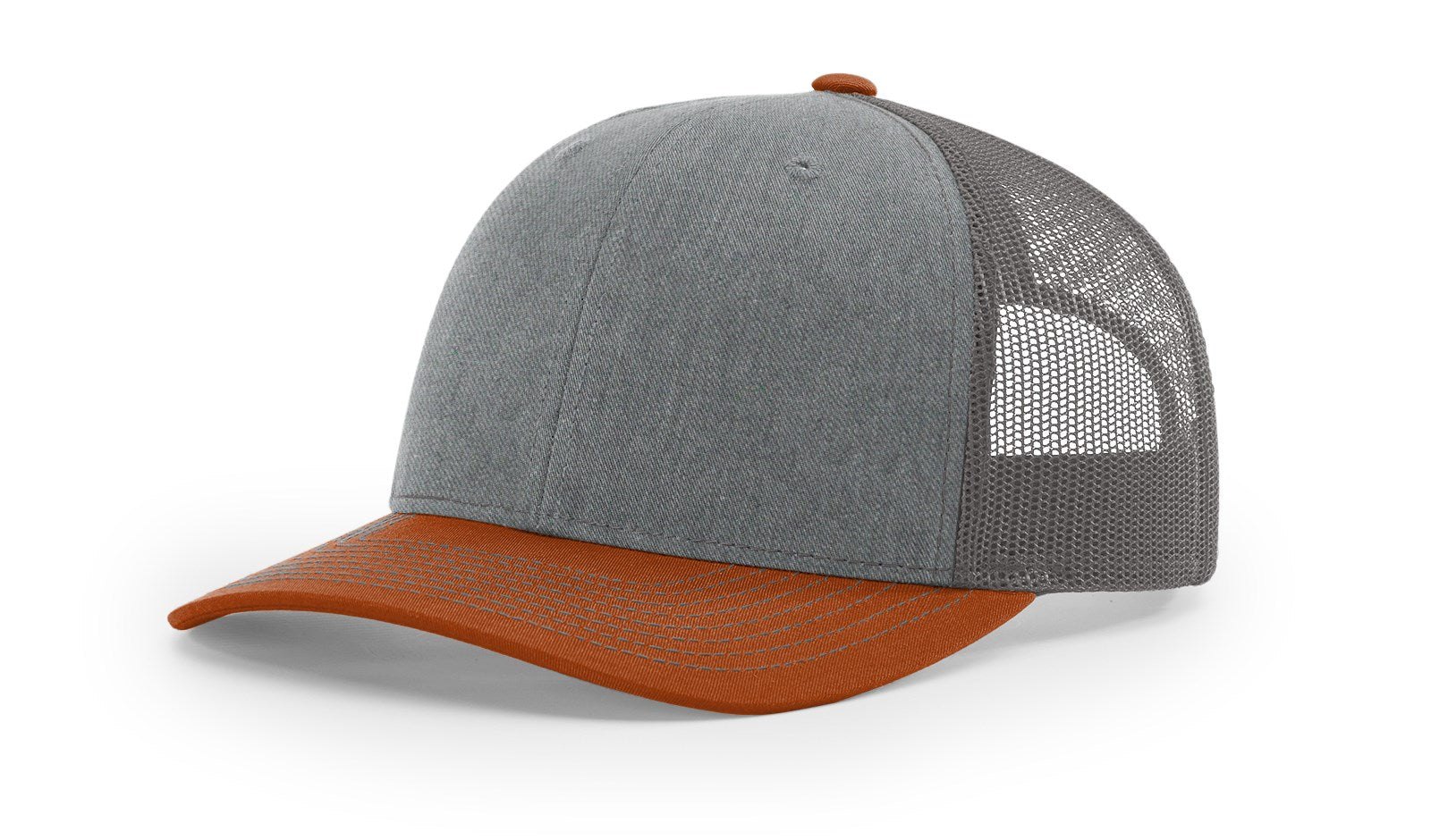 Richardson 112 blank trucker hat in tri-heather grey, charcoal, dark orange.