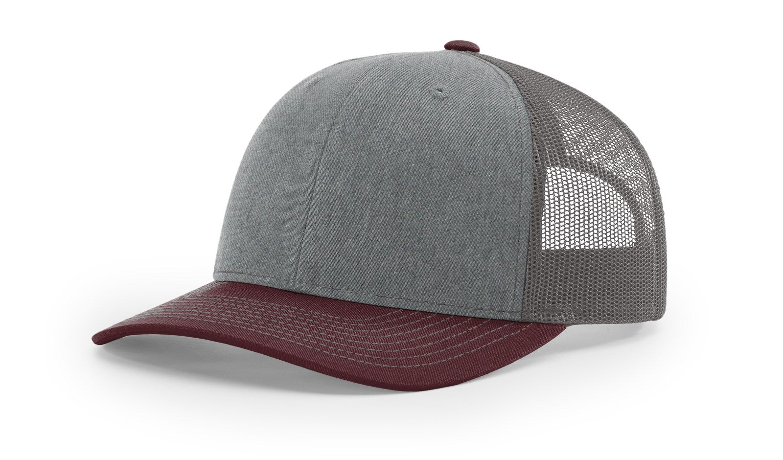 Richardson 112 Blank Trucker Hat in tri-heather grey, charcoal, and maroon.