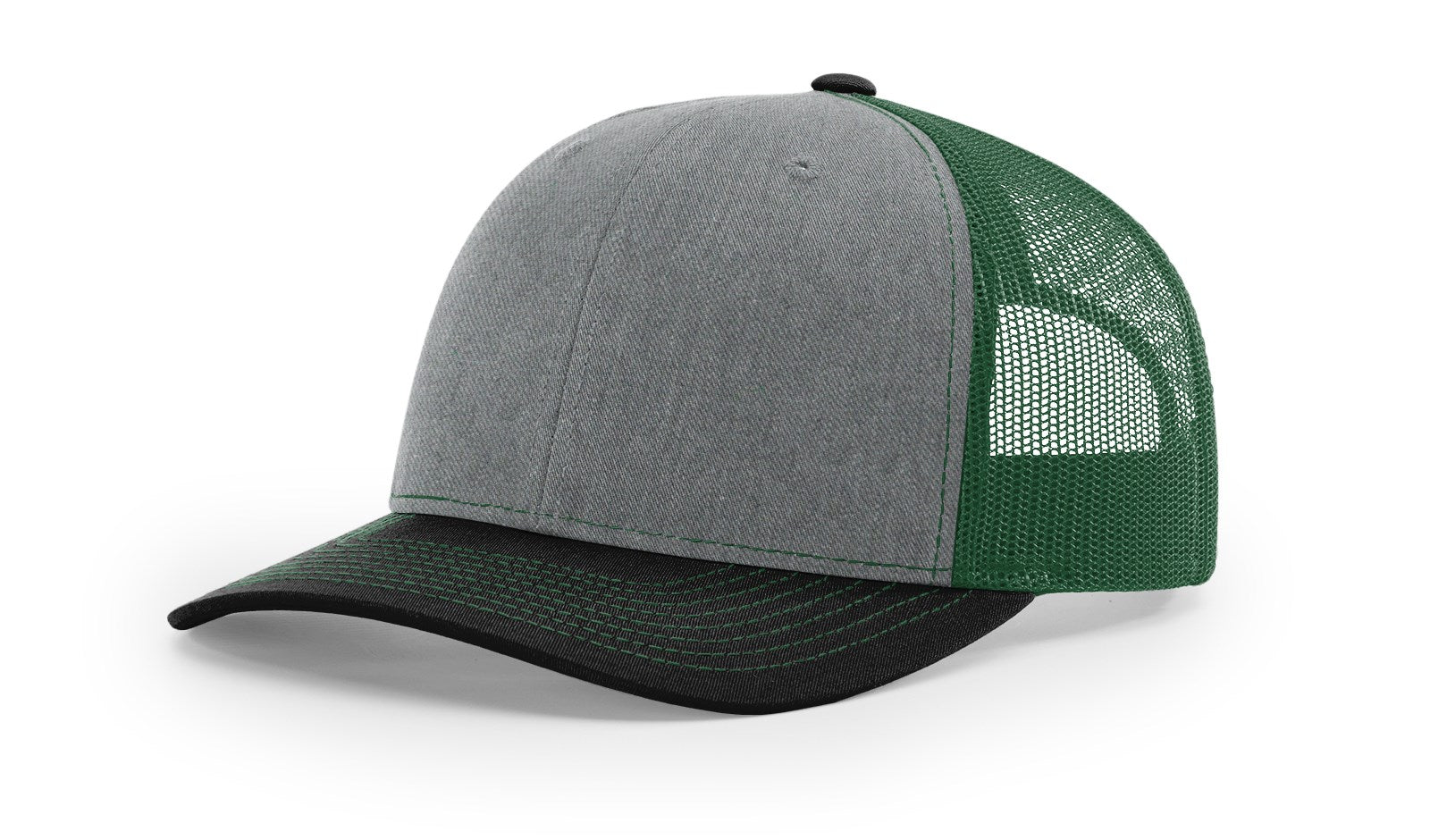 Richardson 112 Blank Trucker Hat in tri-heather grey, dark green, and black.
