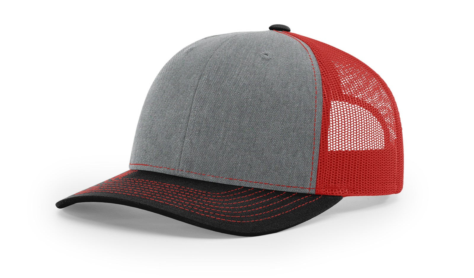 Richardson 112 Trucker Hat, tri-heather grey front, red mesh back, black brim.