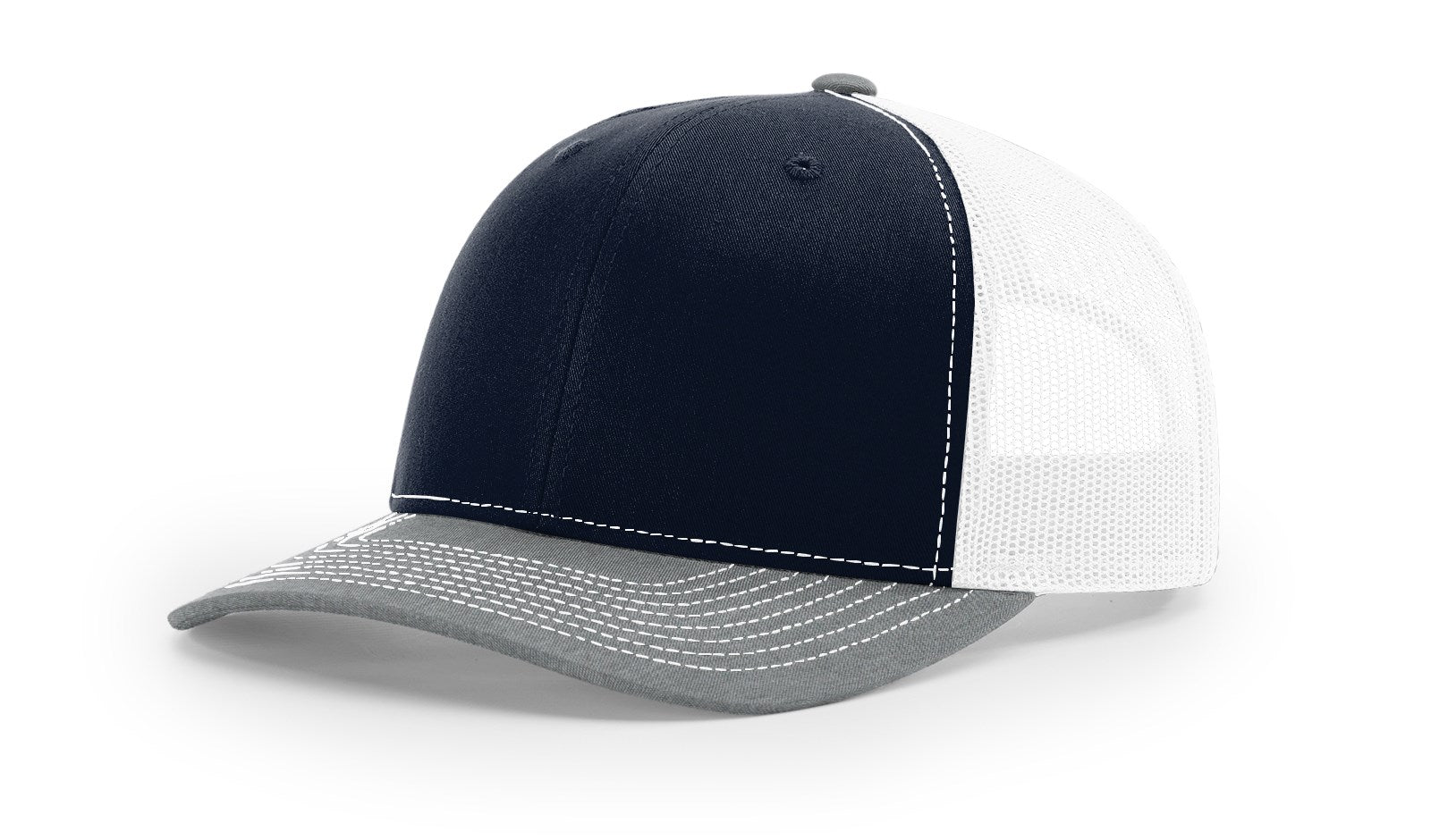 Richardson 112 Blank Trucker Hats, tri-color navy, white, heather grey.
