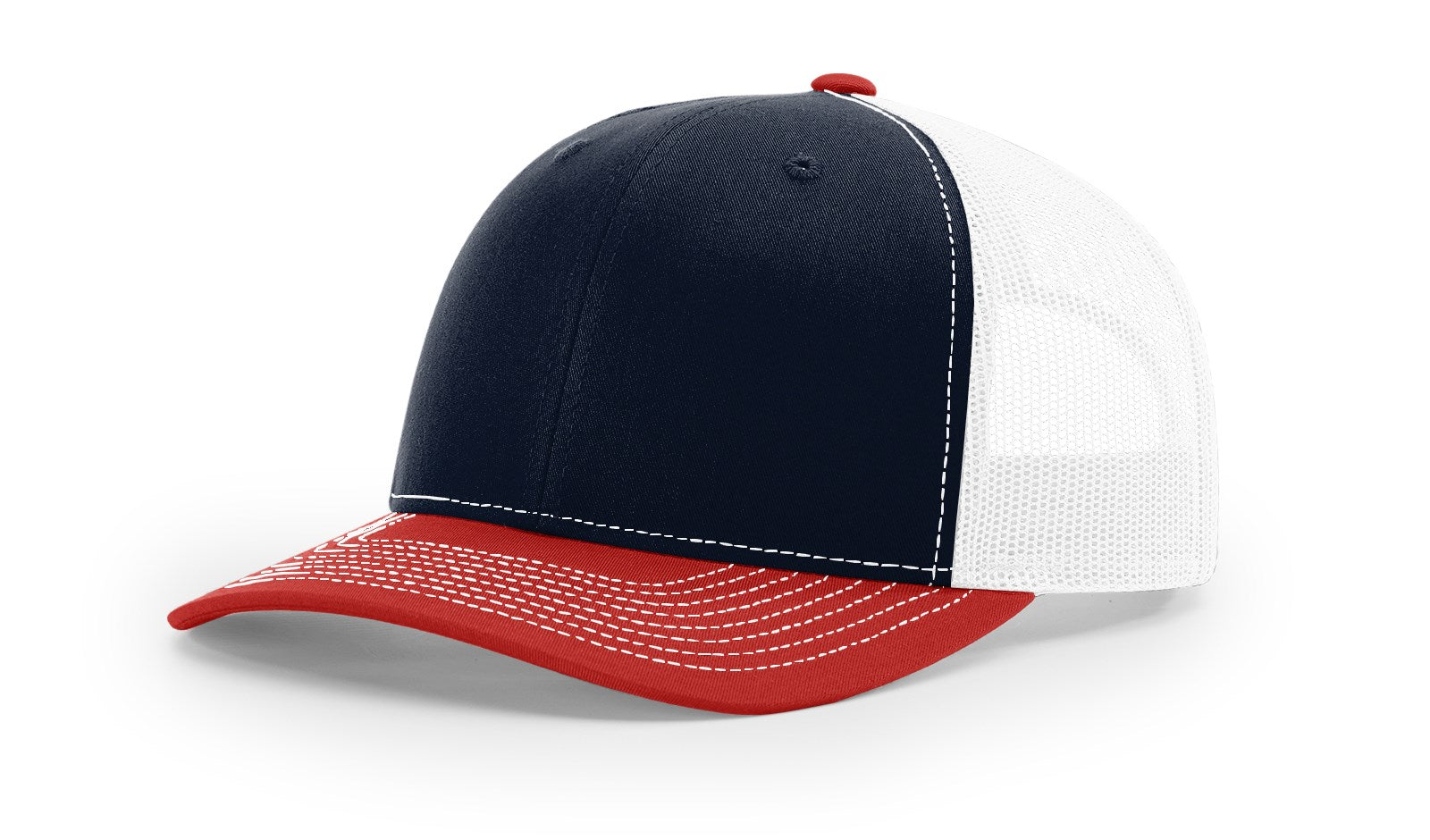 Richardson 112 blank navy, white, and red trucker hat with mesh back.