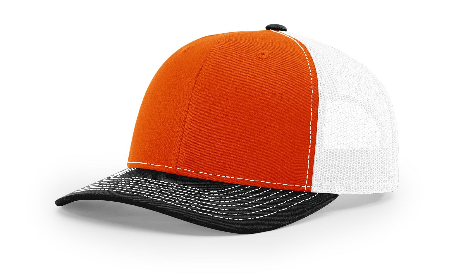 Richardson 112 Blank Trucker Hat in tri-orange, white, and black colors.