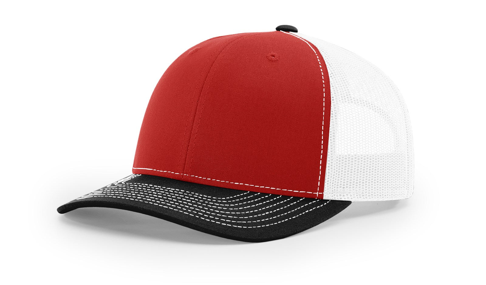 Richardson 112 tri-color red, white, and black blank trucker hat front view.