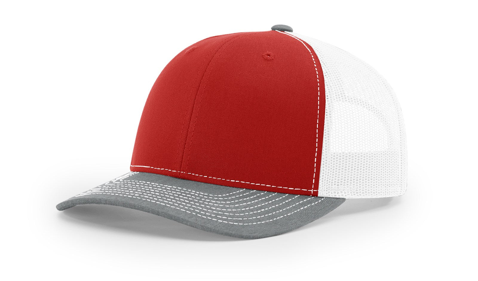 Richardson 112 blank trucker hats in tri-color red, white, and heather grey.