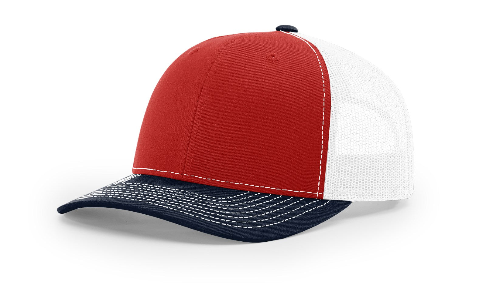 Red, white, and navy Richardson 112 blank trucker hat with mesh back.