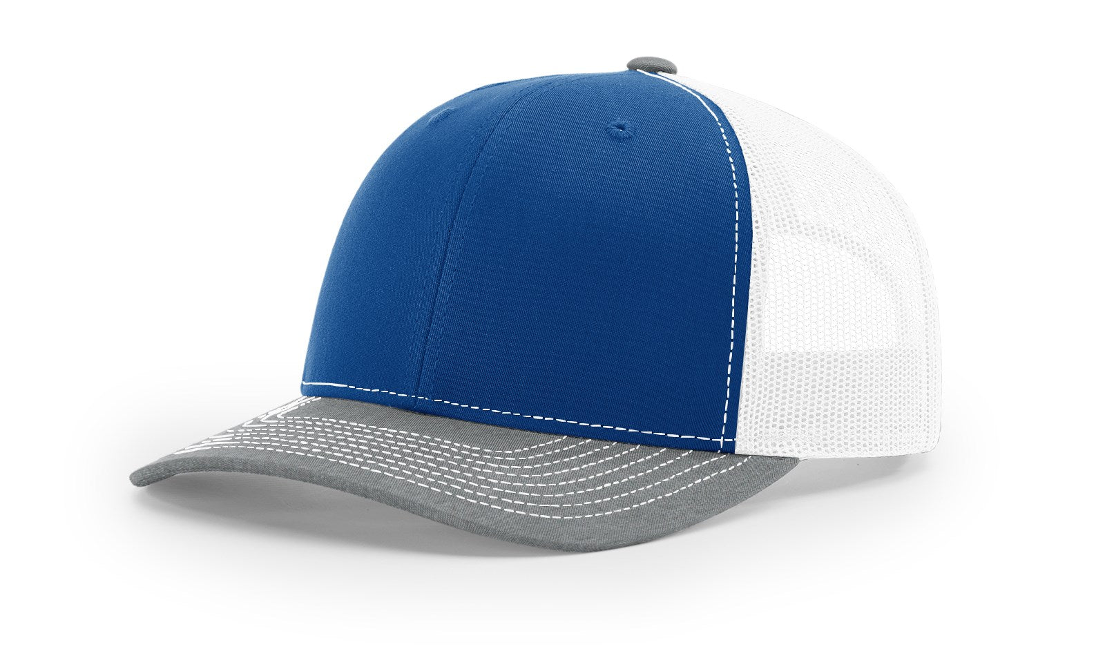 Richardson 112 Blank Trucker Hat in tri-royal, white, and heather grey colors.