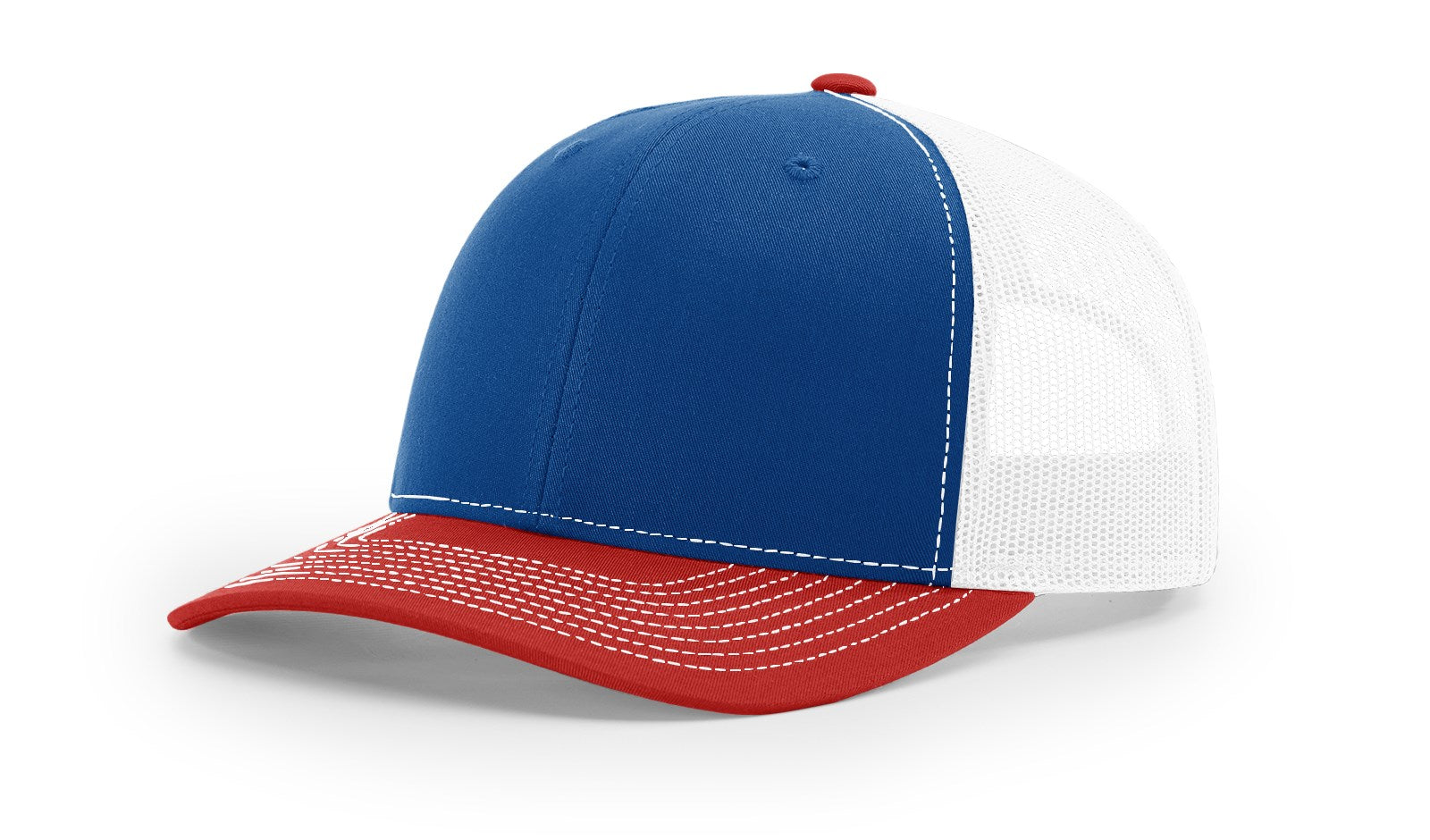 Richardson 112 blank trucker hat in tri-royal, white, and red colors.