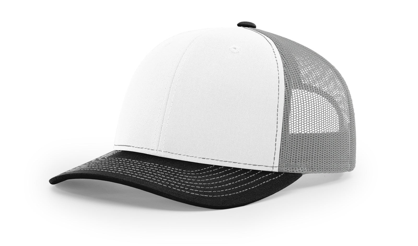 Richardson 112 blank trucker hat, tri-white, aluminum, black mesh back.