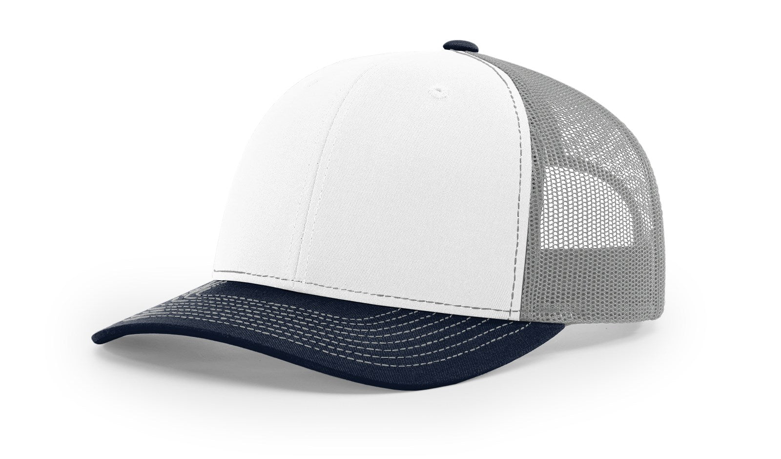 Richardson 112 Blank Trucker Hat in white, aluminum, and navy colors.