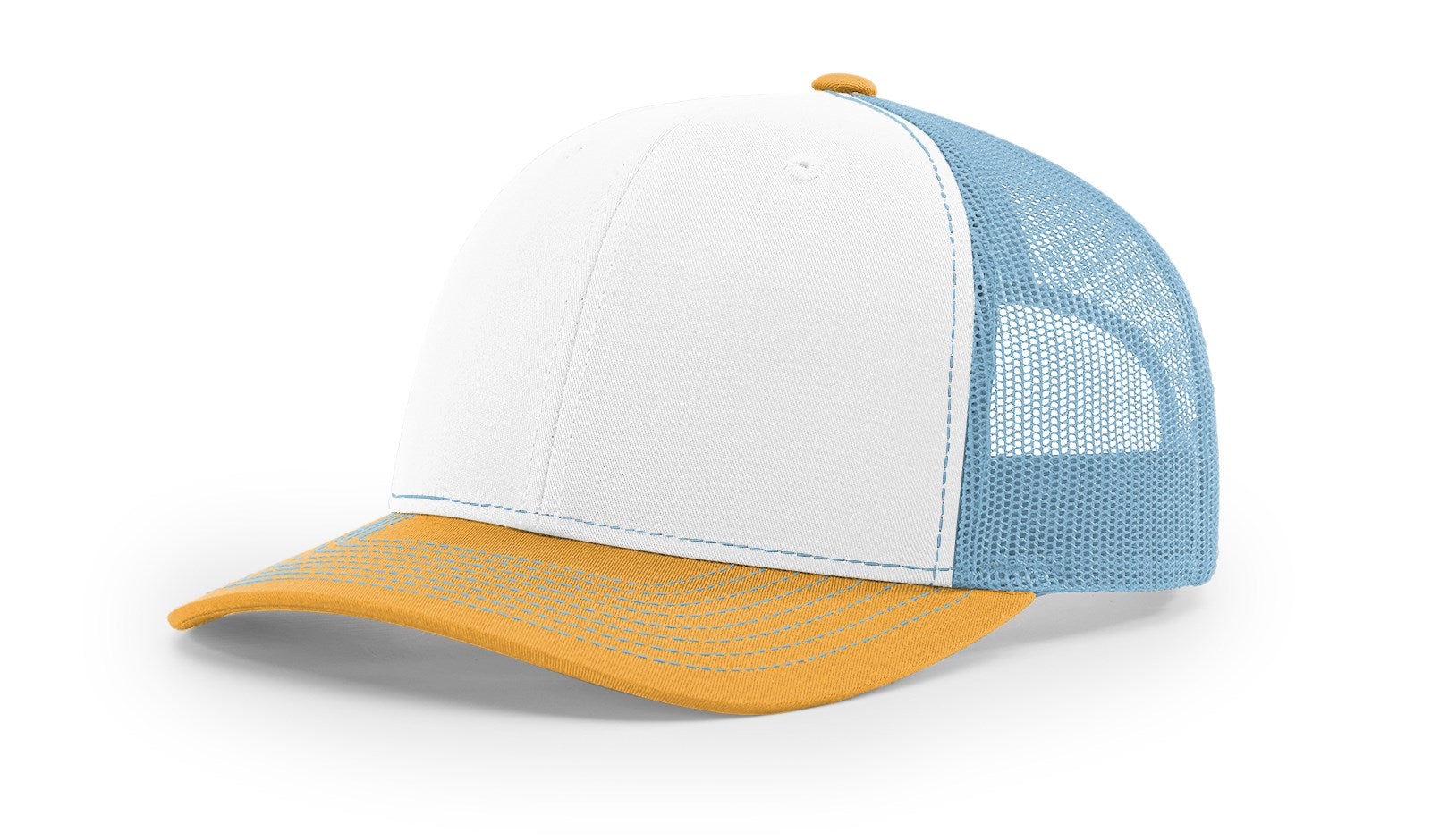 Richardson 112 blank trucker hat in white, Columbia blue, and yellow.
