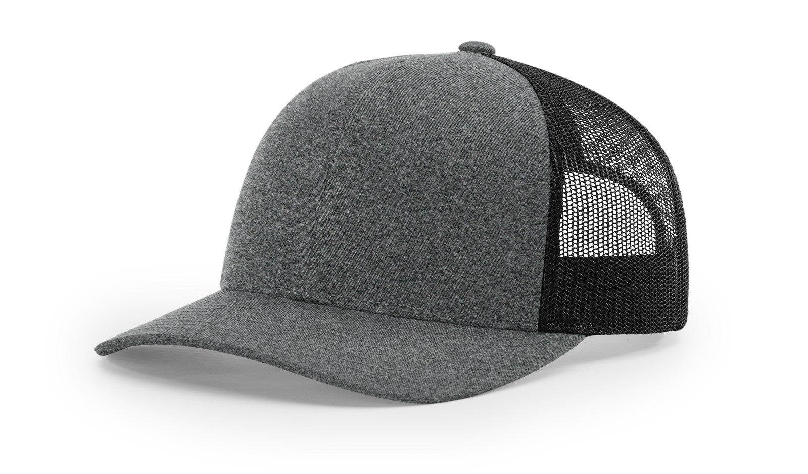 Child-size black heather Richardson 115CH Youth Trucker Hat with mesh back.