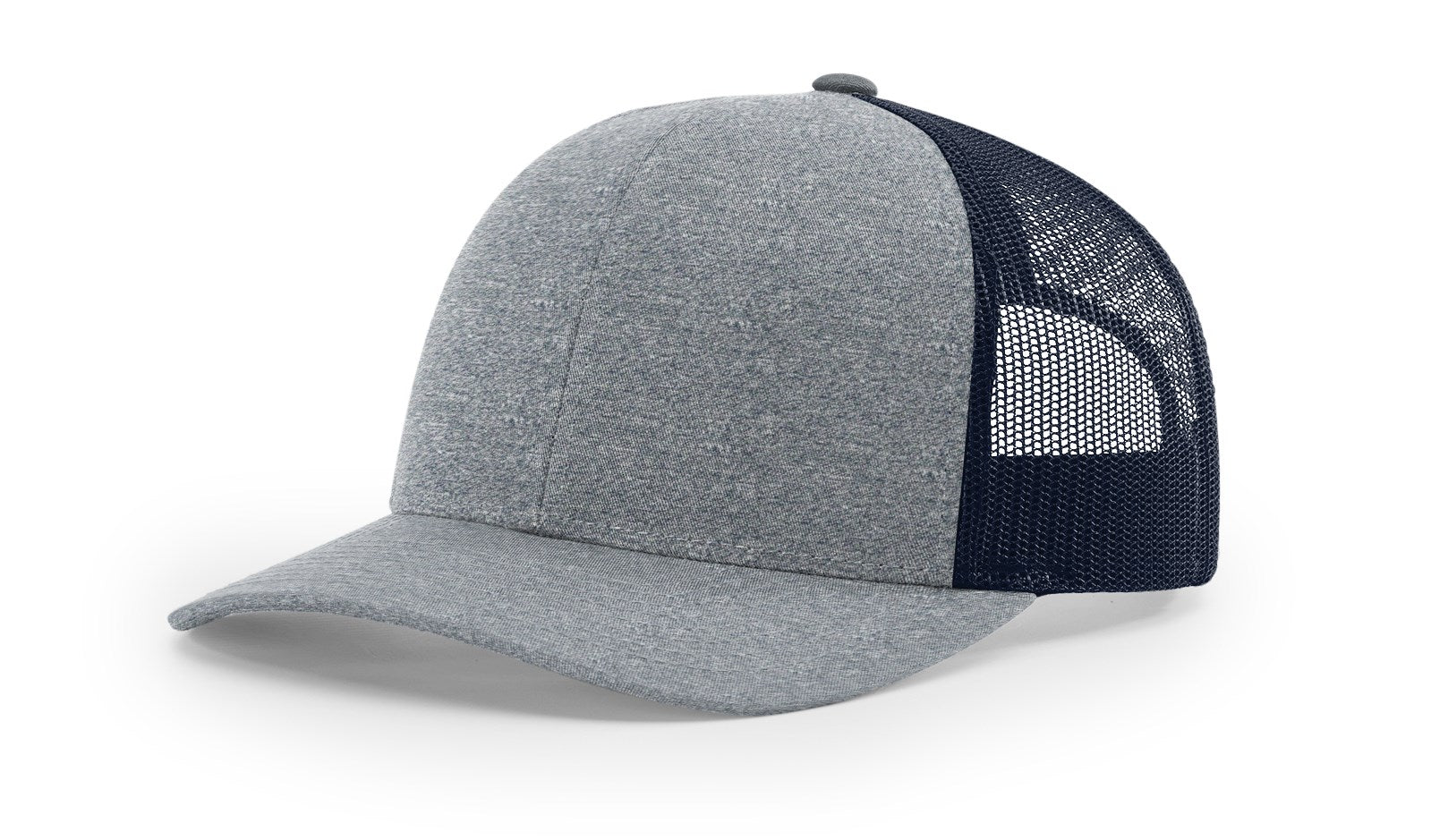 Navy heather Richardson 115CH youth trucker hat with mesh back and adjustable strap.