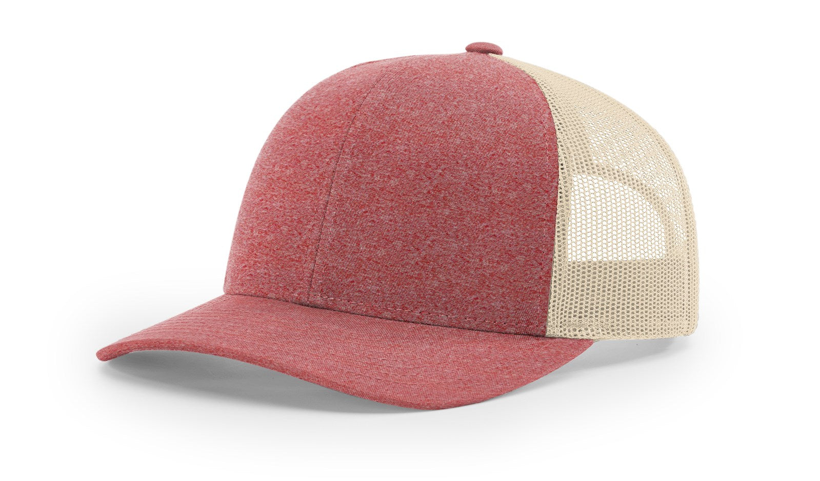 Child-size Richardson 115CH Youth Heather Trucker Hat in Red Heather-Birch color.