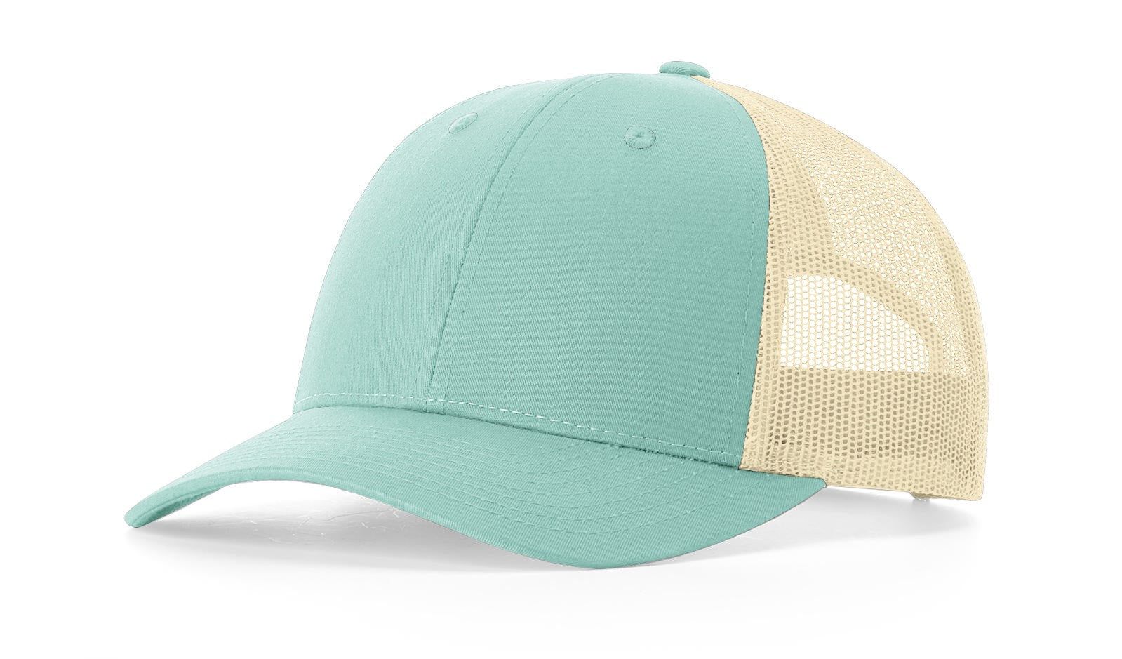 Richardson 115 Low-Profile Trucker Cap in Aruba Blue and Birch.