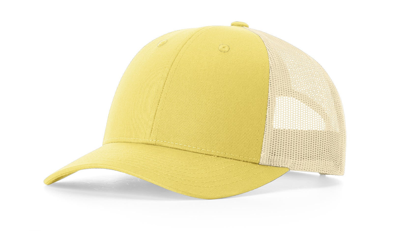 Richardson 115 Low-Profile Trucker Cap in banana yellow with birch mesh back.
