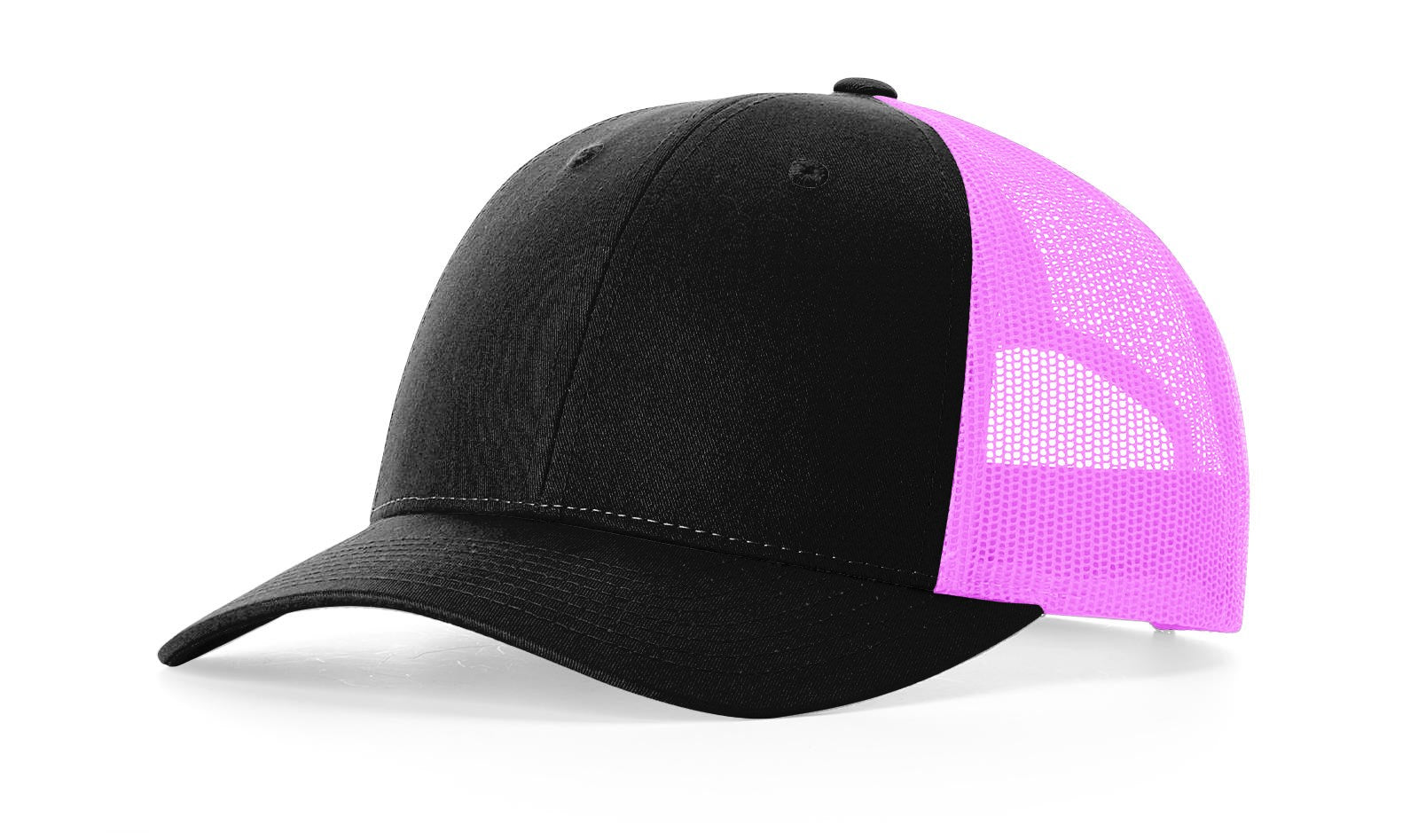 Richardson 115 Low-Profile Trucker Cap in Black with Neon Pink mesh back.