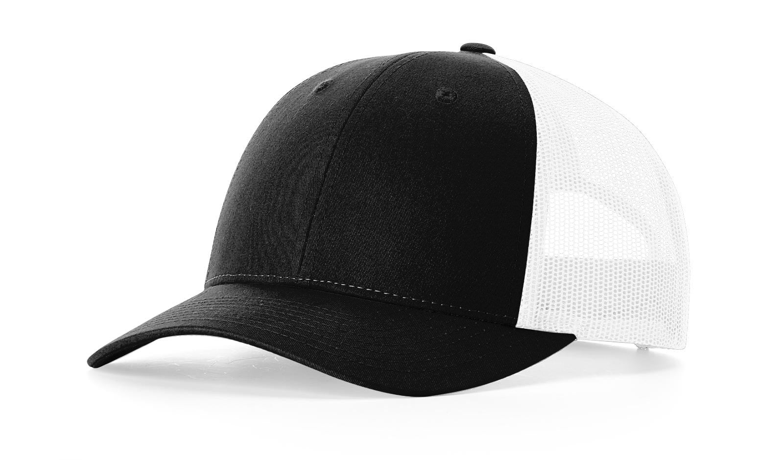 Richardson 115 low-profile trucker cap in black and white, front view.