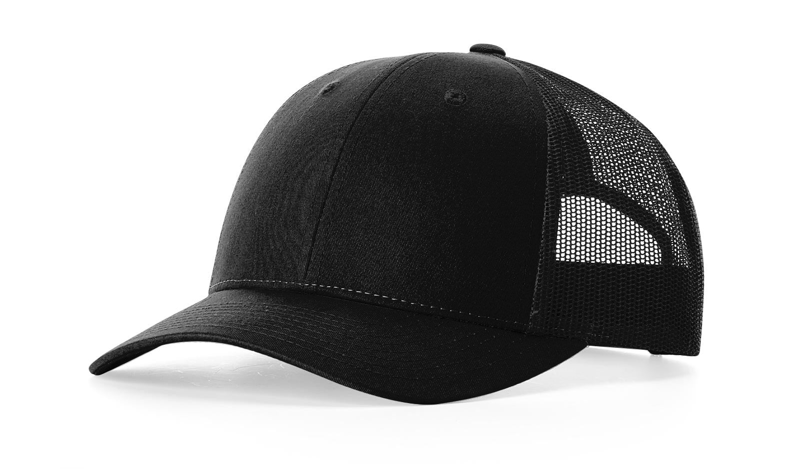 Black Richardson 115 low-profile trucker cap with mesh back and adjustable snap closure.