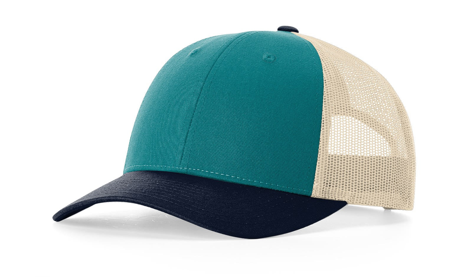 Richardson 115 Low-Profile Trucker Cap in blue, teal, and navy colors.