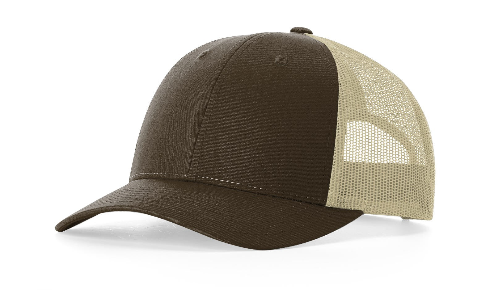 Brown-Khaki Richardson 115 Low-Profile Trucker Cap with mesh back panel.