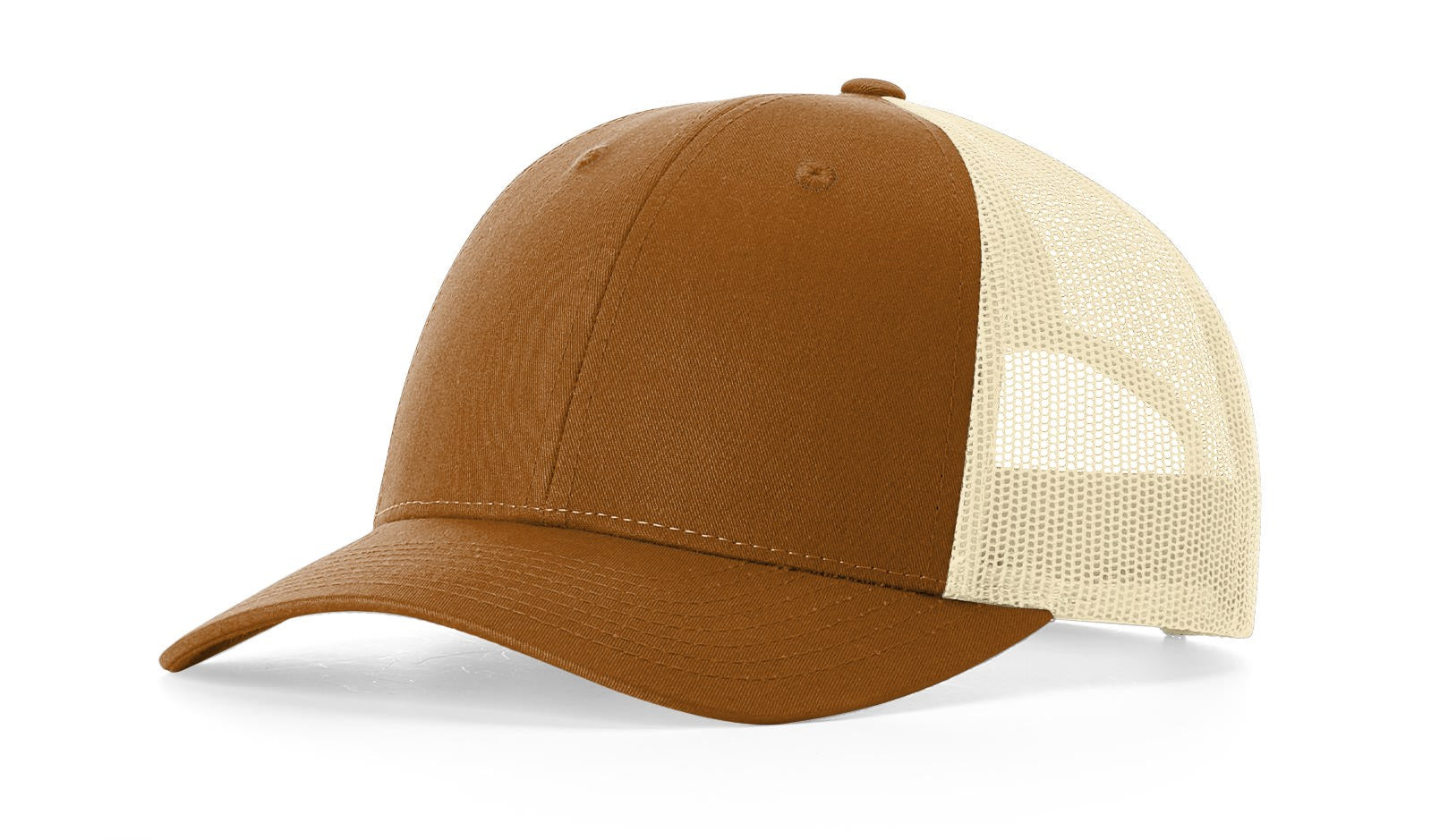 Richardson 115 Low-Profile Trucker Cap in caramel and birch with mesh back.