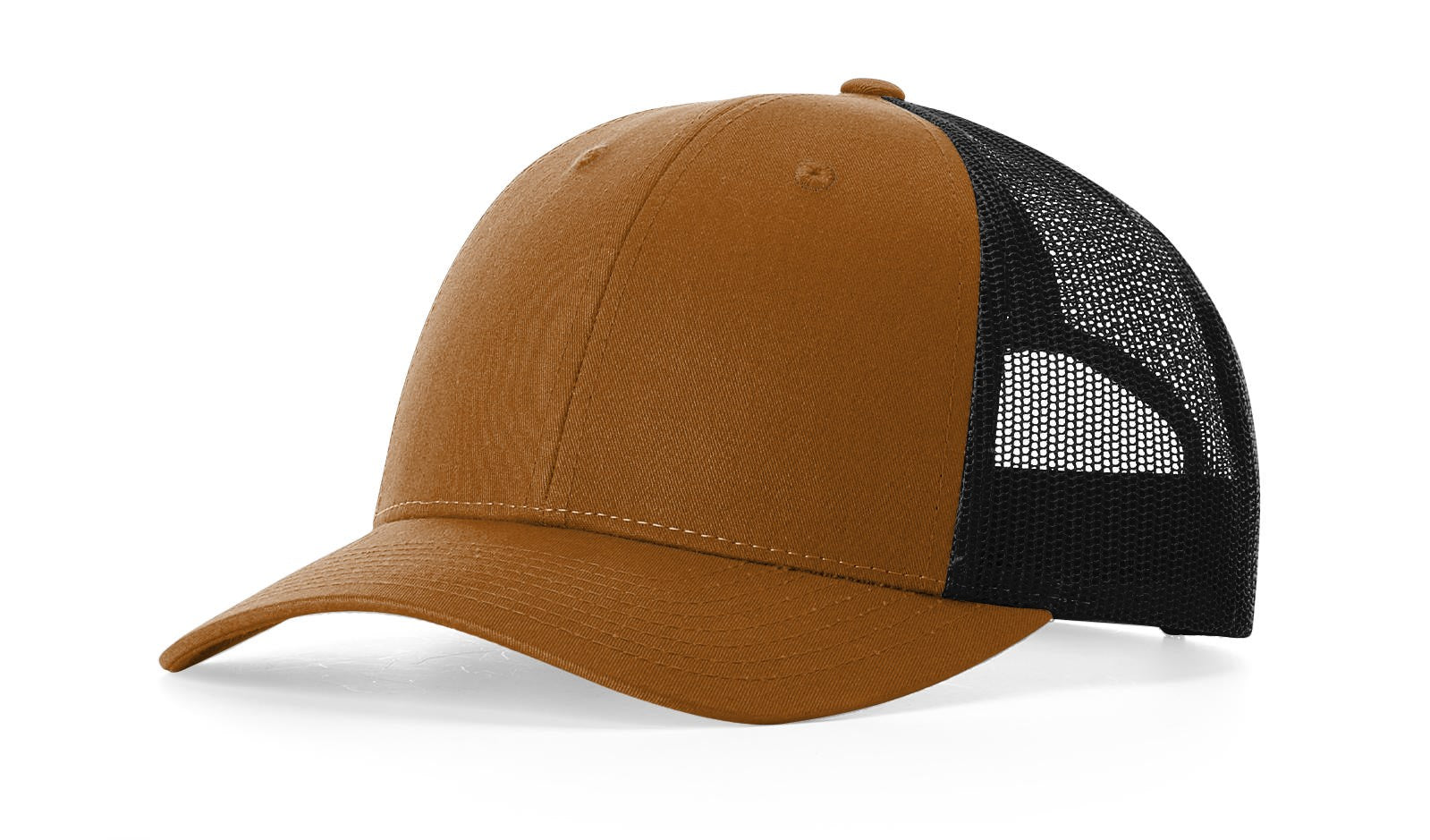 Richardson 115 Low-Profile Trucker Cap in caramel with black mesh back.