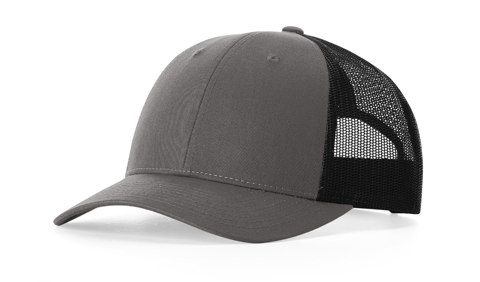 Richardson 115 Low-Profile Trucker Cap in Charcoal and Black on white background.
