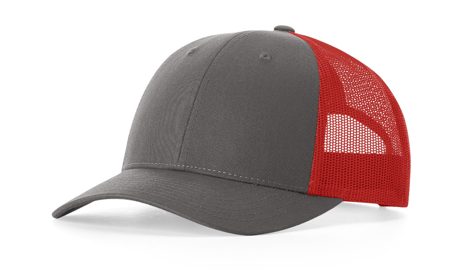 Richardson 115 Low-Profile Trucker Cap in charcoal and red color scheme.