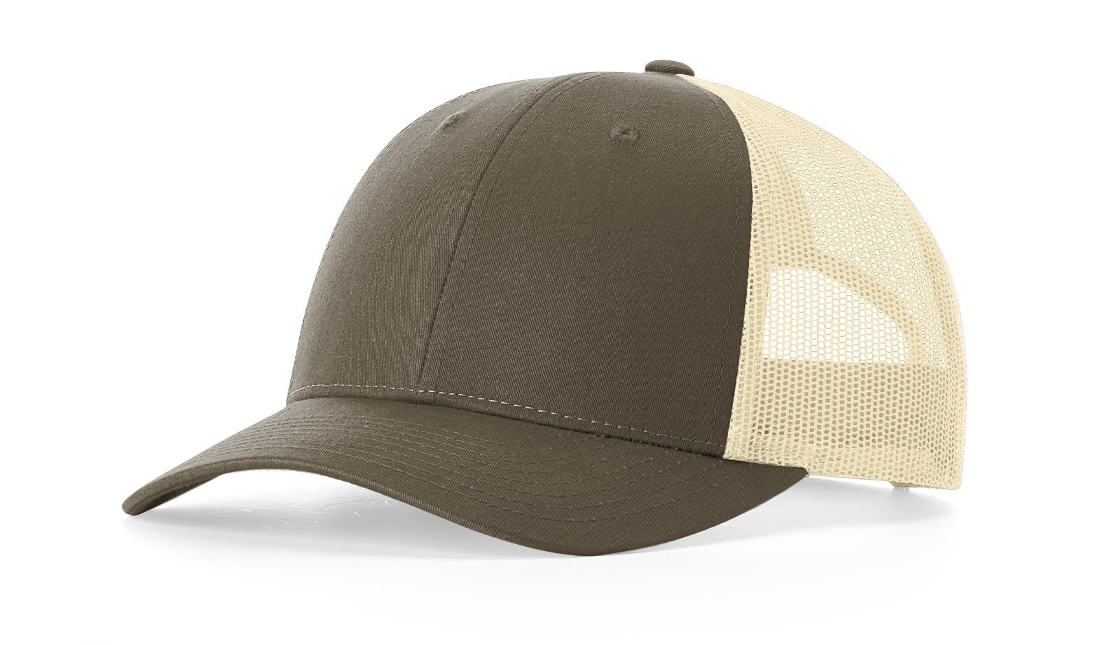Richardson 115 Low-Profile Trucker Cap in chocolate chip and birch color.