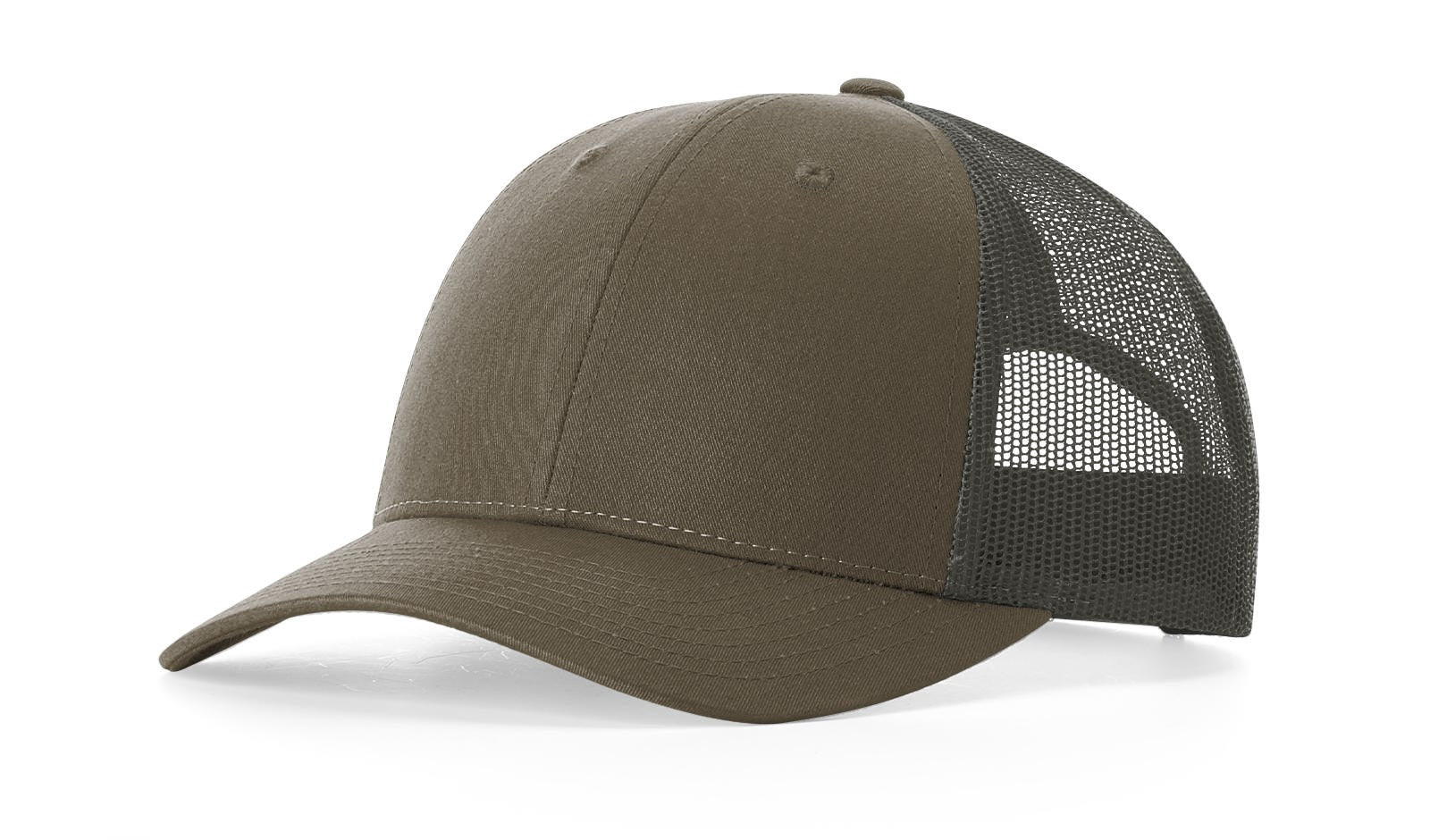 Richardson 115 Low-Profile Trucker Cap in chocolate chip and grey-brown color.