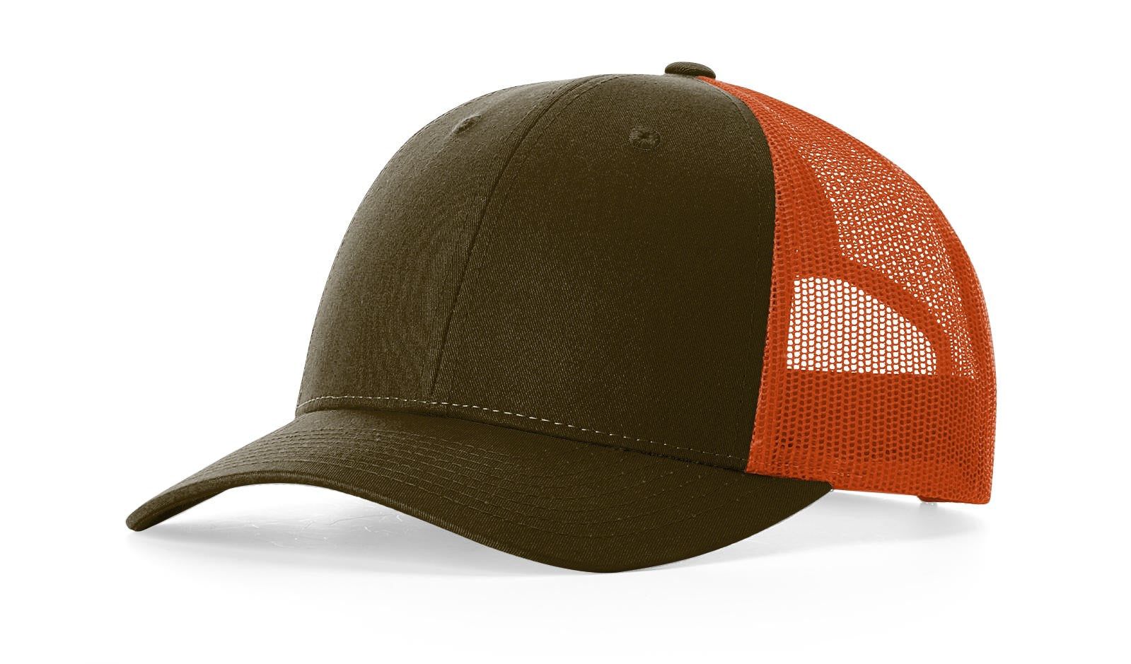 Richardson 115 Low-Profile Trucker Cap in Dark Loden and Jaffa Orange.