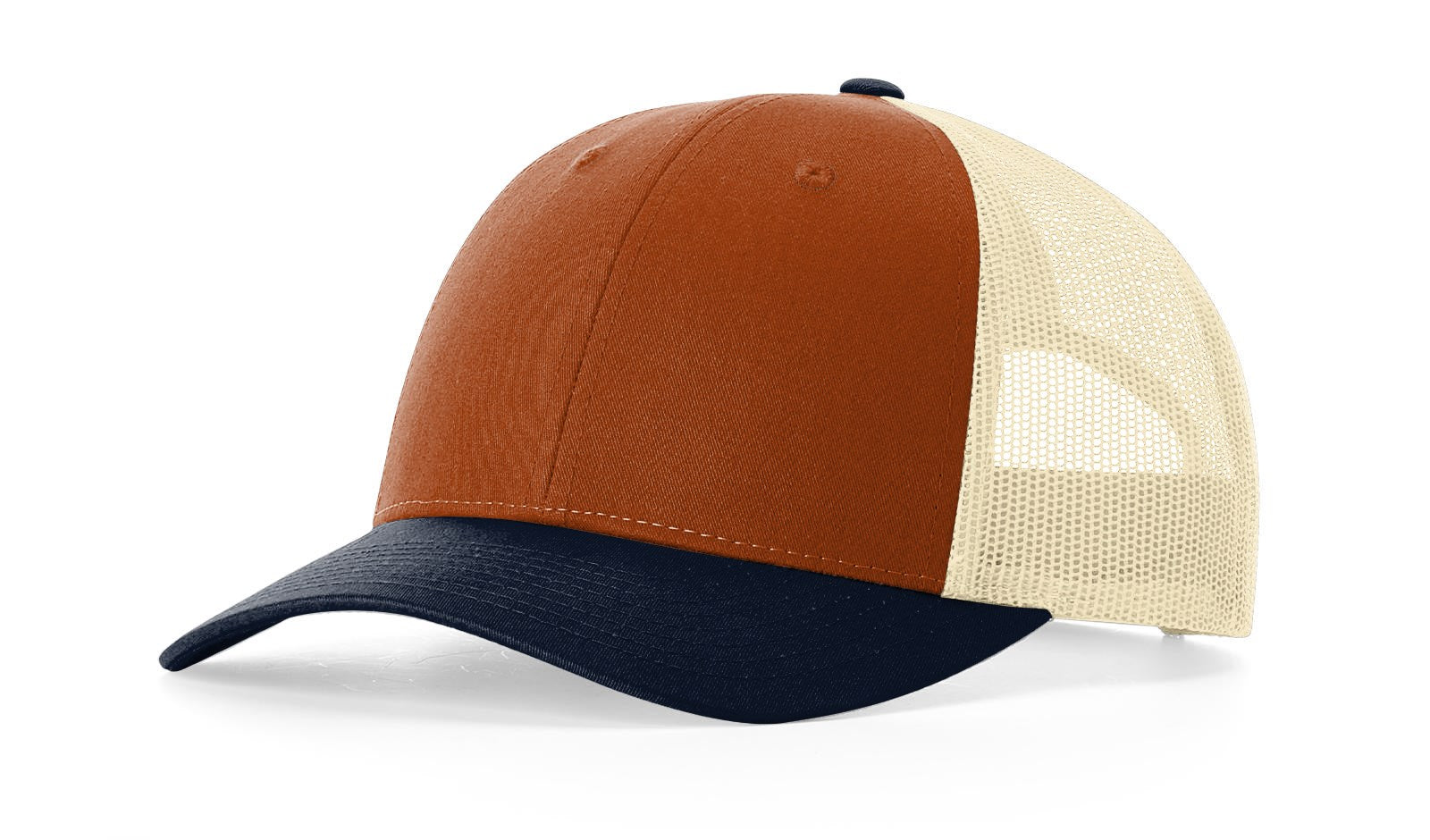 Richardson 115 Low-Profile Trucker Cap in dark orange, birch, and patriot blue.