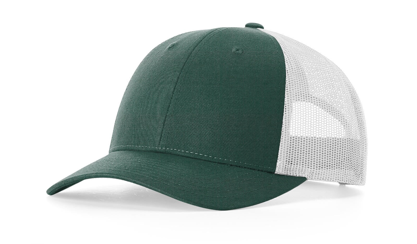 Richardson 115 Low-Profile Trucker Cap in Heather Dark Green and Light Grey.