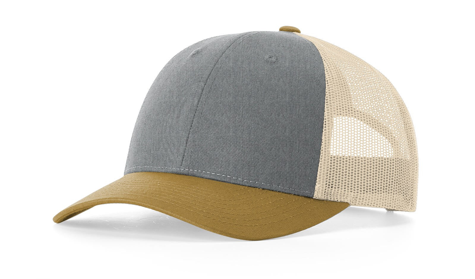 Richardson 115 Low-Profile Trucker Cap in Heather Grey, Birch, Amber Gold.