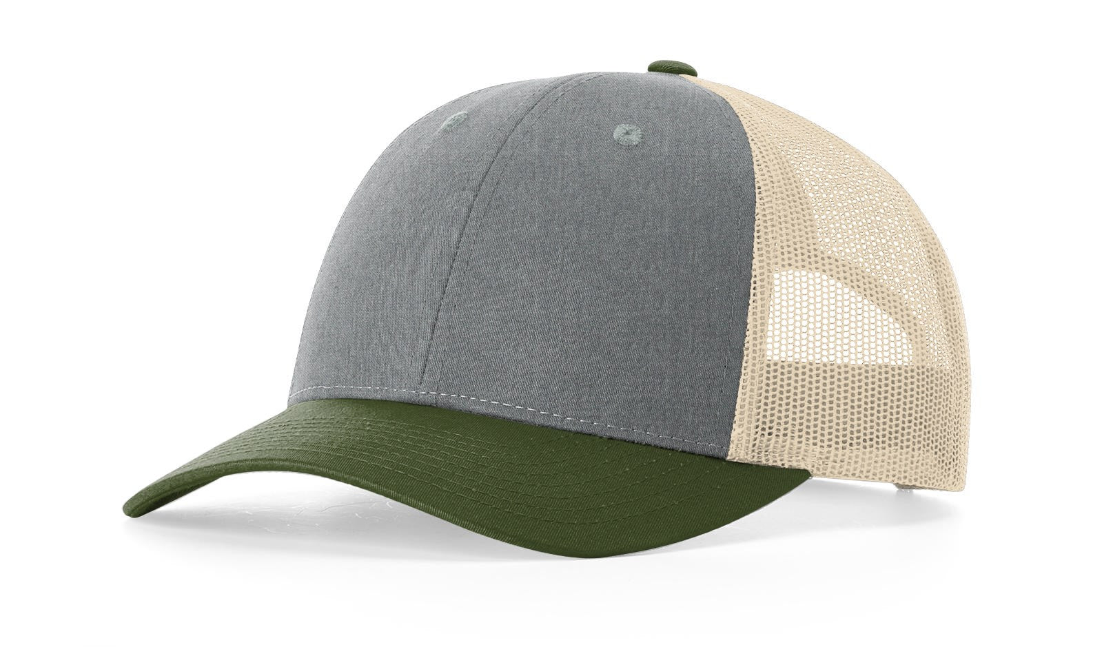 Richardson 115 Low-Profile Trucker Cap in Heather Grey with Olive mesh back.