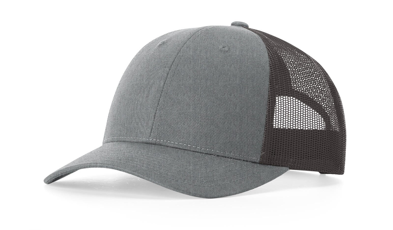 Richardson 115 Low-Profile Trucker Cap, heather grey and dark charcoal.
